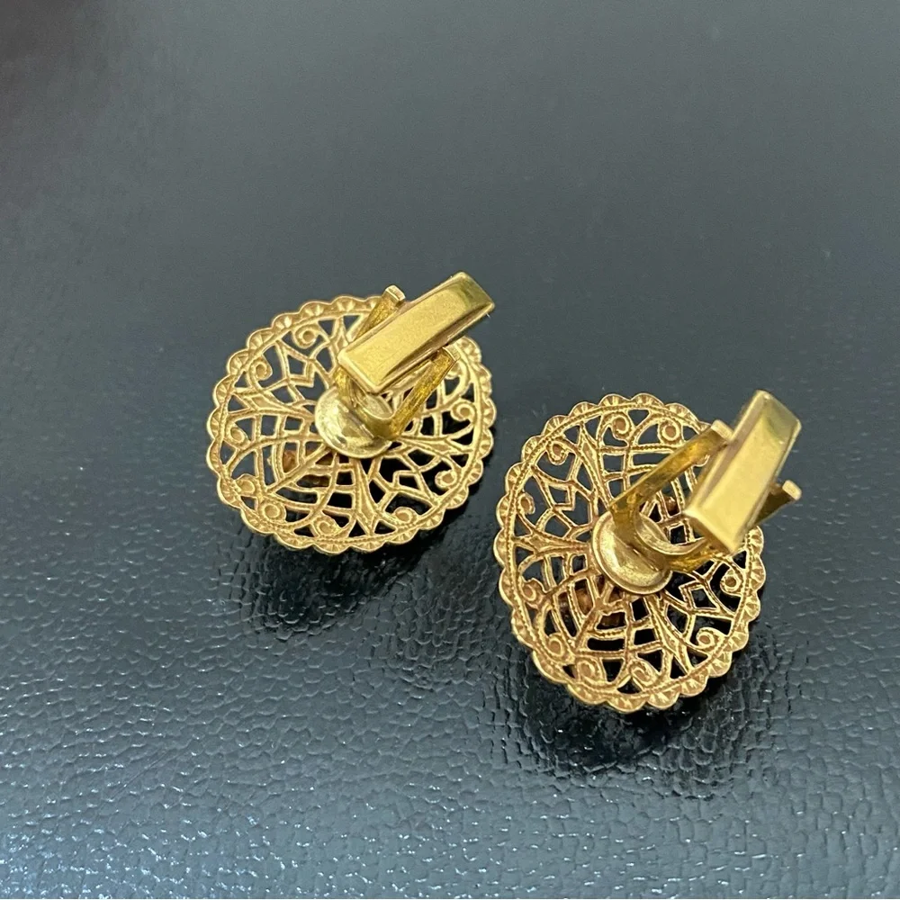 Vintage Unsigned Gold-tone Filigree Micro Pearl Beads Oval Cufflinks